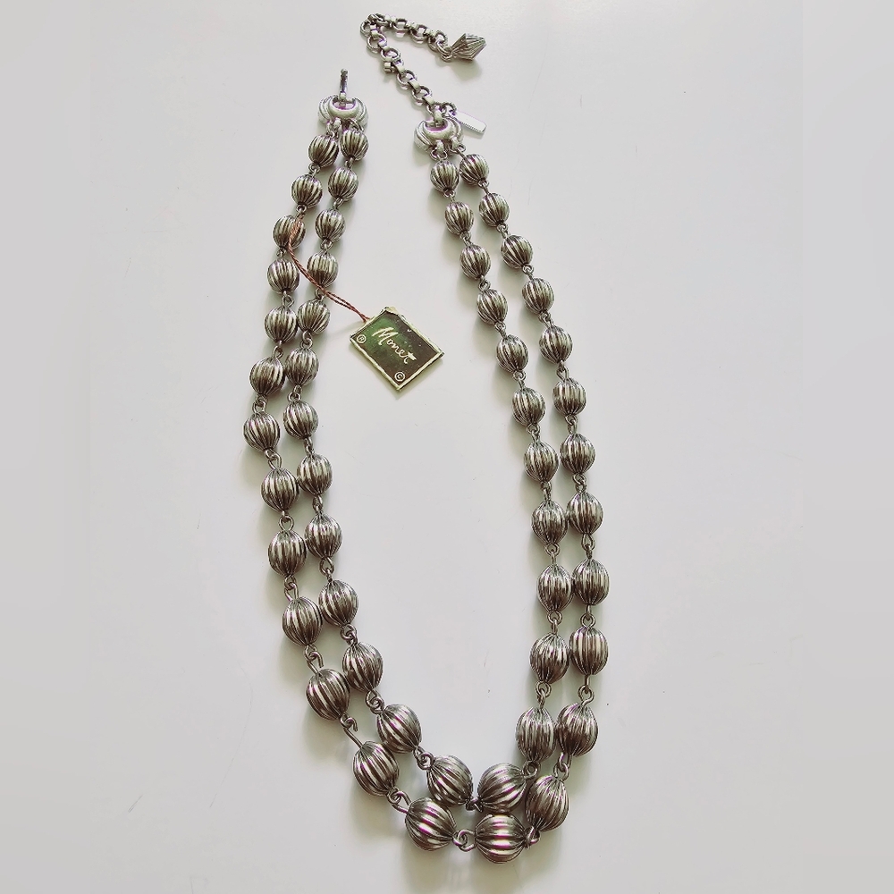 Vintage 50s 60s signed monet silver ball bead necklace dead stock double strand